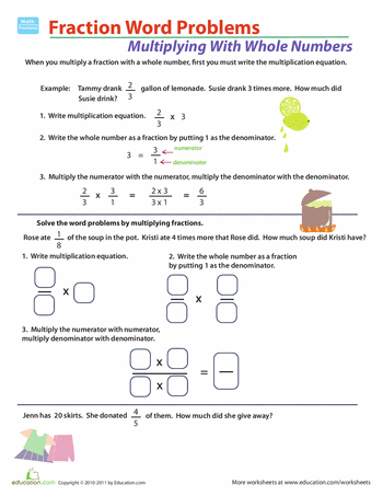 Educational resource for practicing fractions through engaging word problems Worksheet focused on fraction multiplication word problems for fifth graders