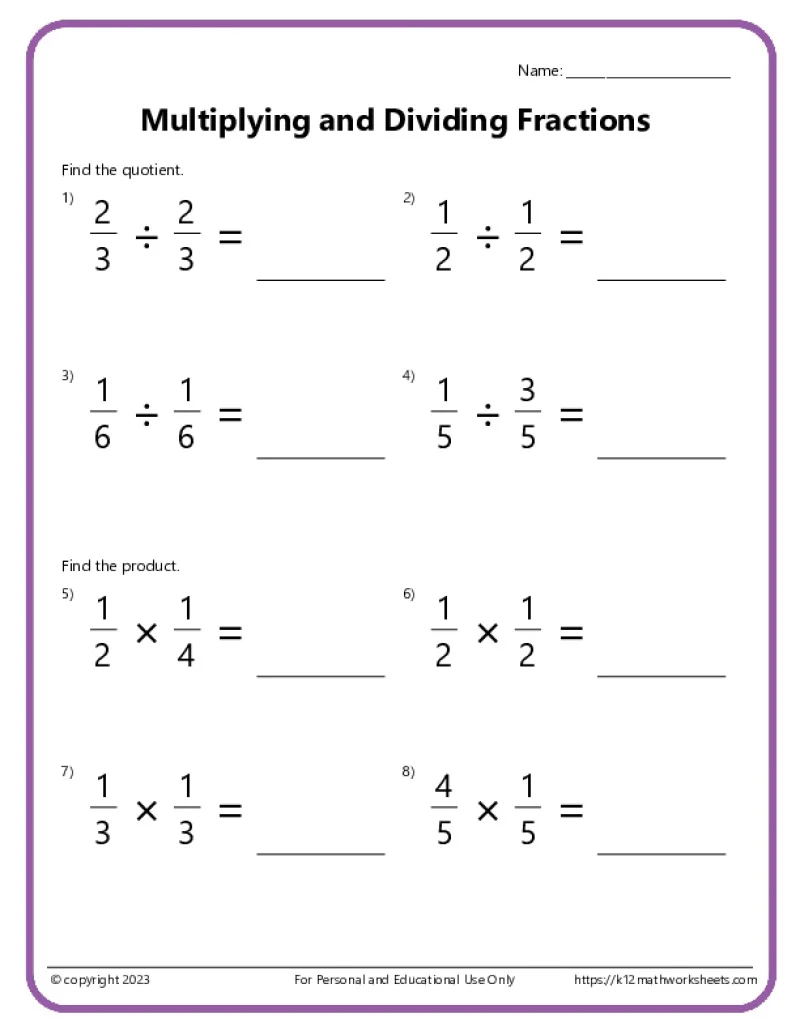 Fifth grade math worksheet showing a step by step guide on how to multiply fractions