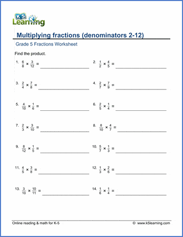 Worksheet for multiplying fractions designed for fifth graders