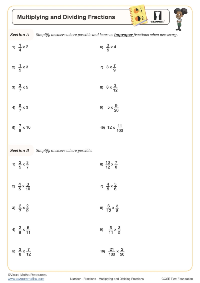 Worksheet for mastering the multiplication of fractions for fifth graders