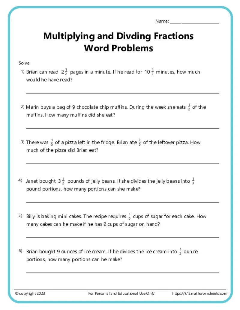Educational resource for practicing fraction word problems in geometry Worksheet featuring fraction multiplication word problems for fifth graders