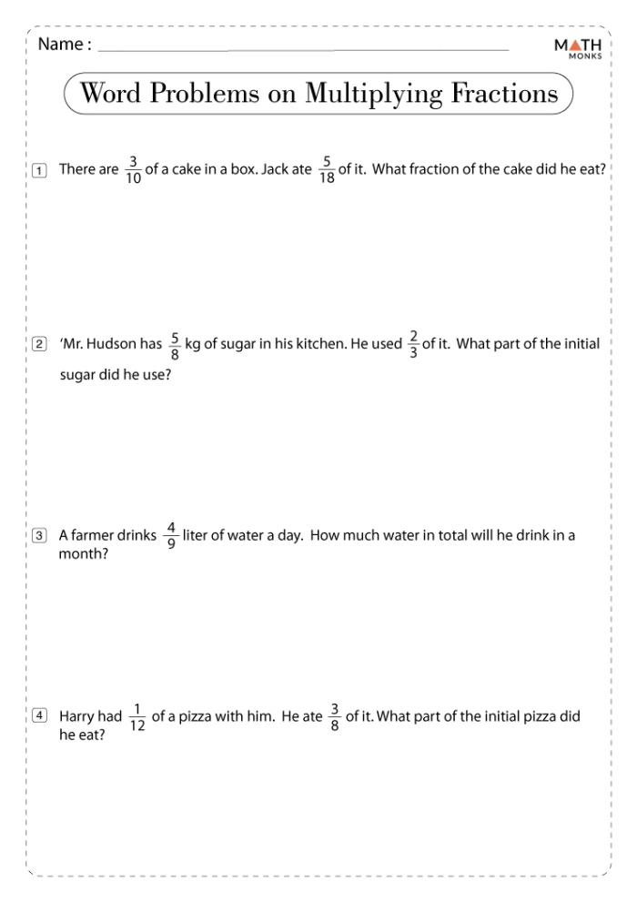 Fraction Multiplication Word Problems Worksheet for Fifth Graders Fifth grade worksheet featuring fraction multiplication word problems for practice