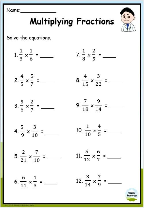Worksheet for practicing how to multiply fractions for fifth graders