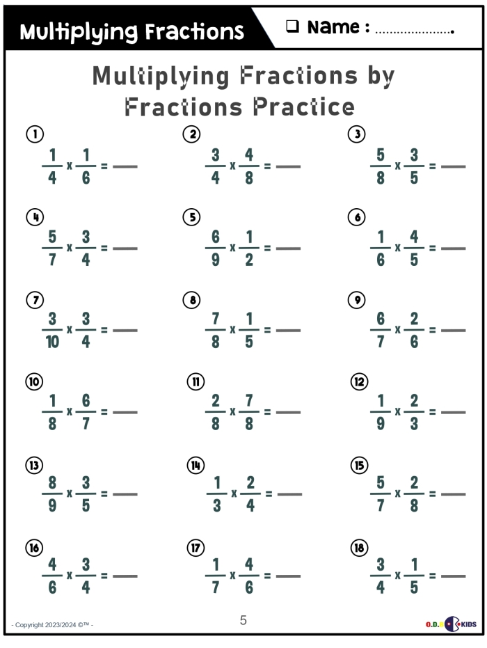 Worksheet featuring exercises for multiplying fractions by fractions