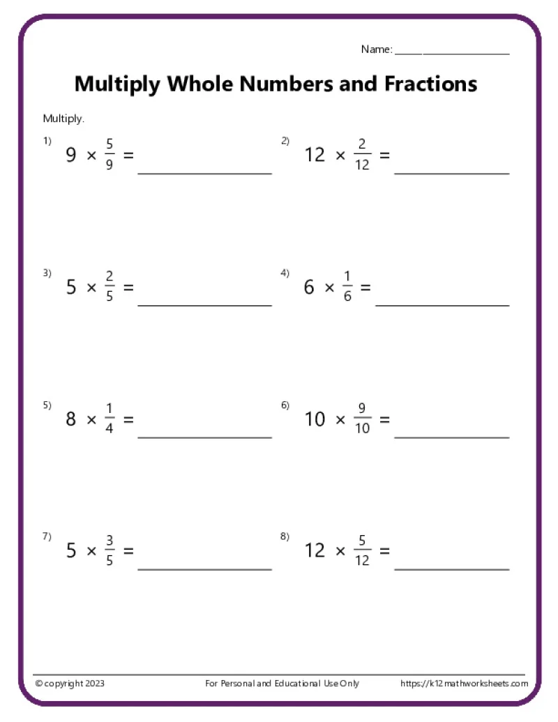 Fifth grade student completing a practice worksheet on how to multiply fractions