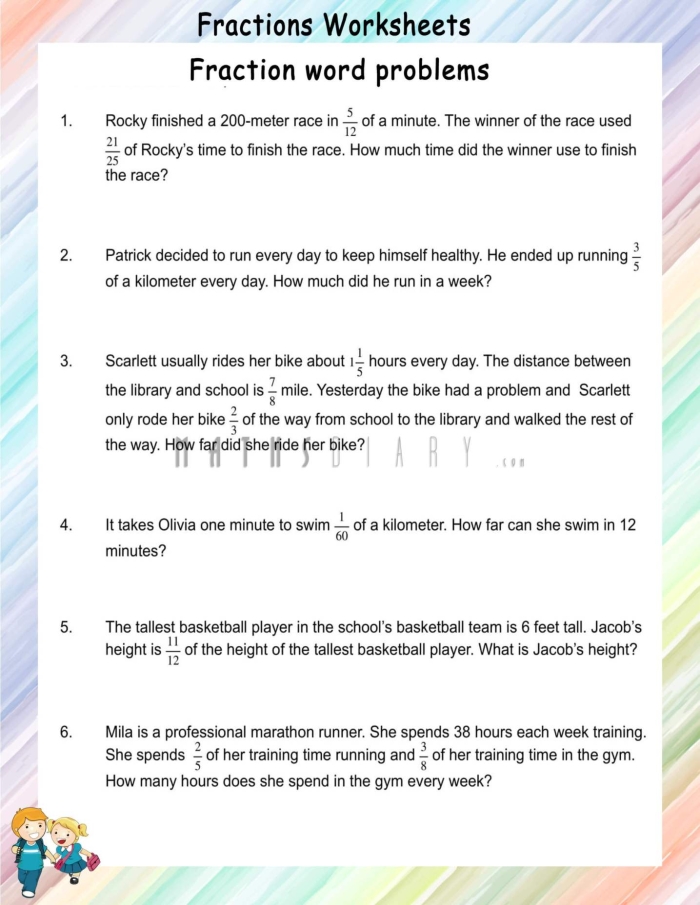 Educational resource for practicing fraction word problems in Geometry Worksheet featuring fraction multiplication word problems for fifth graders
