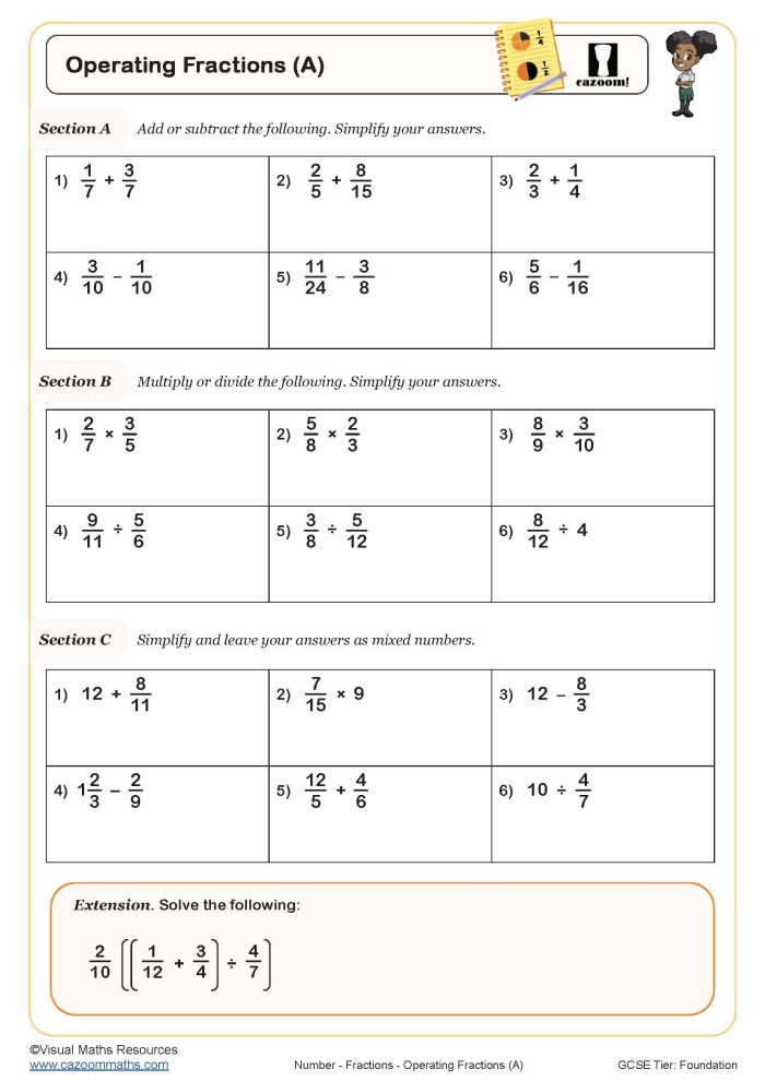 Order of Operations with Fractions Worksheet 8 Fifth grade math worksheet featuring fraction equations to solve using the order of operations