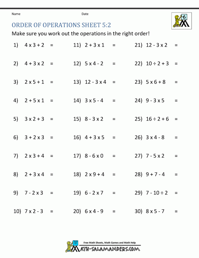 Practice worksheet for solving fractional expressions using PEMDAS rules Fifth grade math worksheet showing order of operations problems with fractions and multiple steps to solve