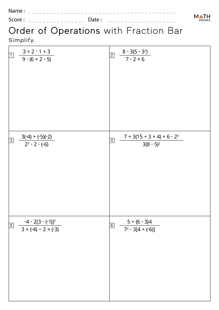 Order of Operations Fractions Worksheet Grade 5 Image 22 Fifth grade math worksheet featuring fraction expressions and order of operations problems 22