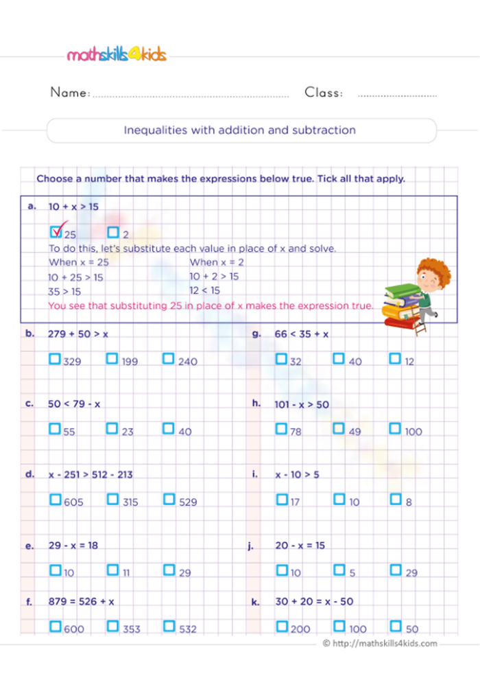 Fifth grade math worksheet featuring practice problems on adding subtracting and comparing fractions