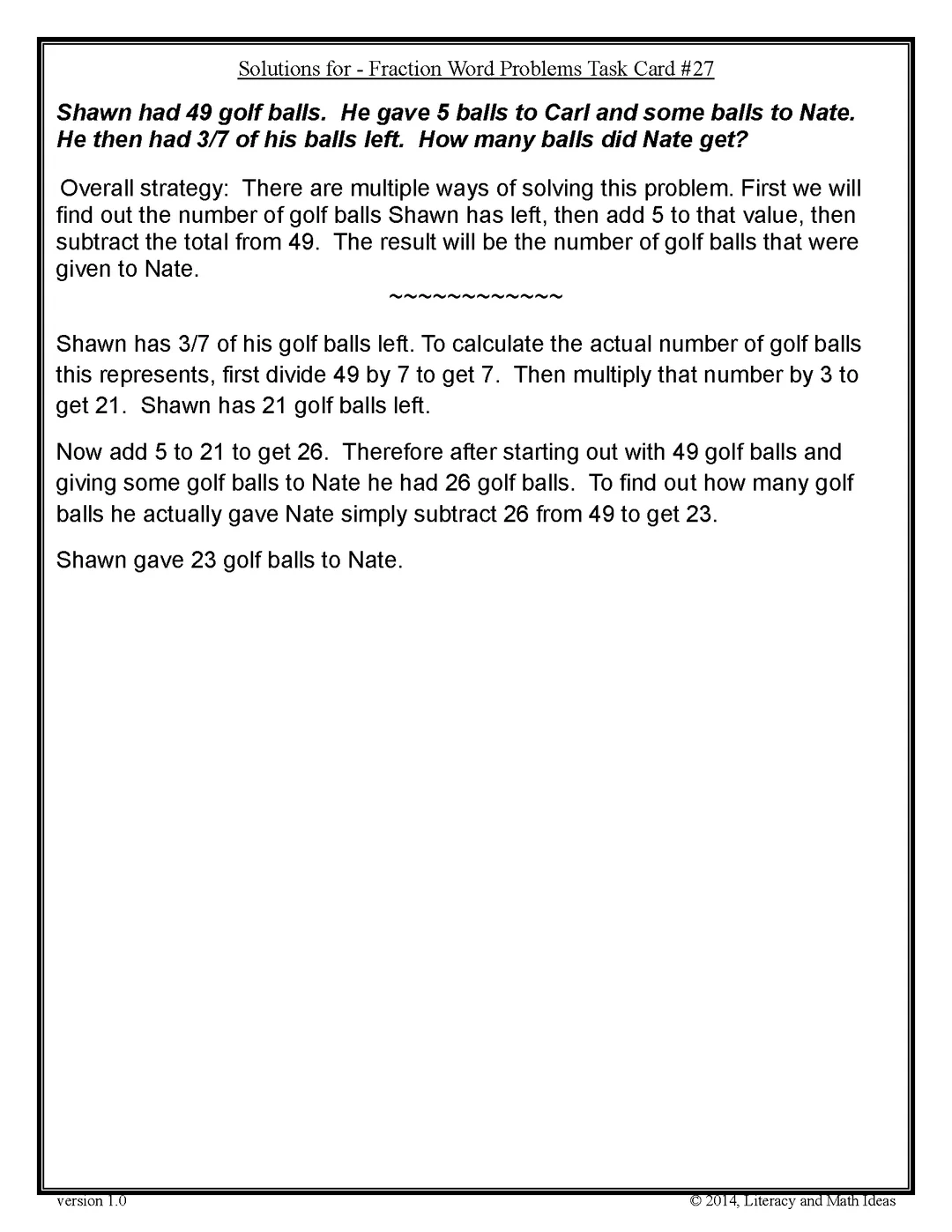 Fifth grade students solving multi-step fraction word problems with visual examples and step-by-step solutions