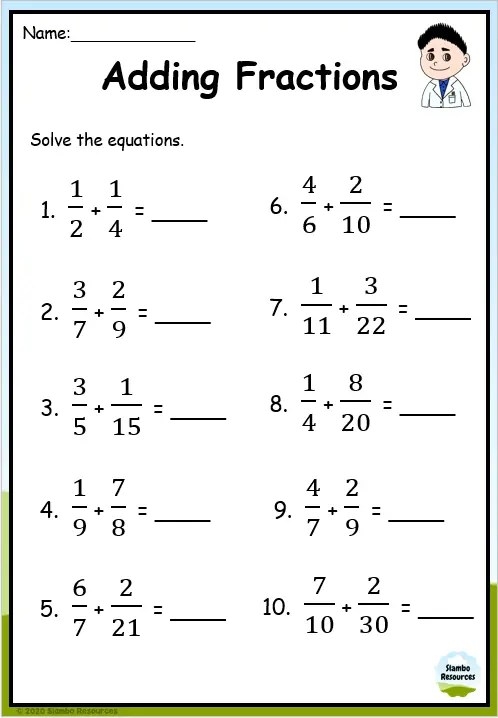 Worksheet for reviewing addition, subtraction, and inequalities of fractions for fifth graders