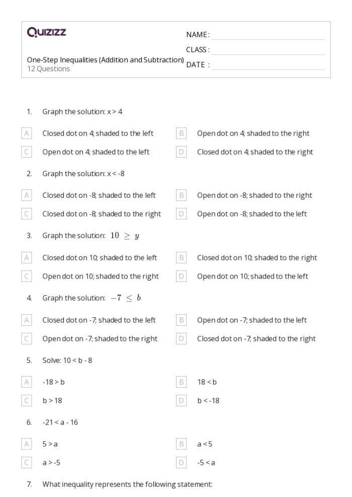 Fifth grade math worksheet featuring practice problems for adding and subtracting fractions and comparing inequalities