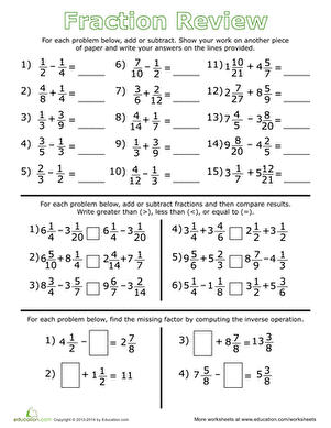 Fifth grade fraction review worksheet covering addition, subtraction, and inequalities practice problems