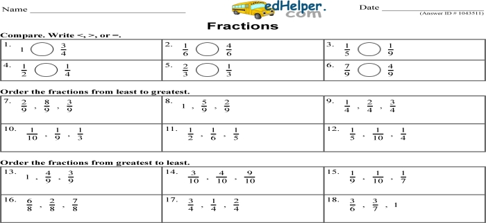 Fifth grade math worksheet featuring practice problems on adding subtracting and comparing fractions
