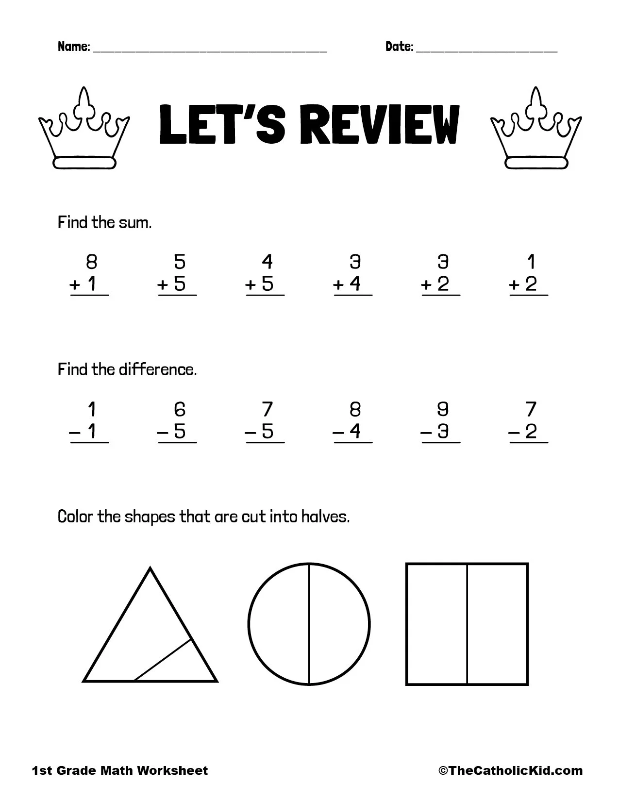 Fraction Review worksheet featuring addition, subtraction, and inequalities for fifth graders