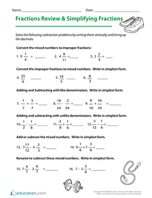 Fifth grade fraction review worksheet covering addition subtraction and inequalities