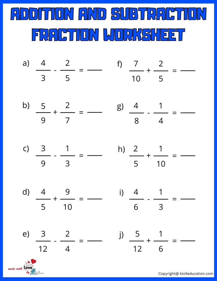 Fraction Review worksheet featuring addition, subtraction, and inequalities for fifth graders