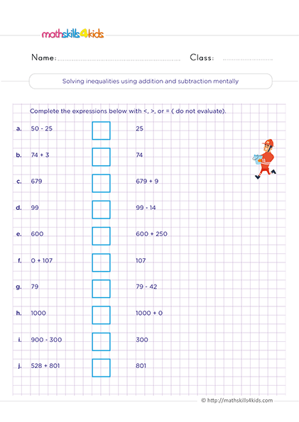 Fifth grade fraction review worksheet featuring addition subtraction and inequality practice problems