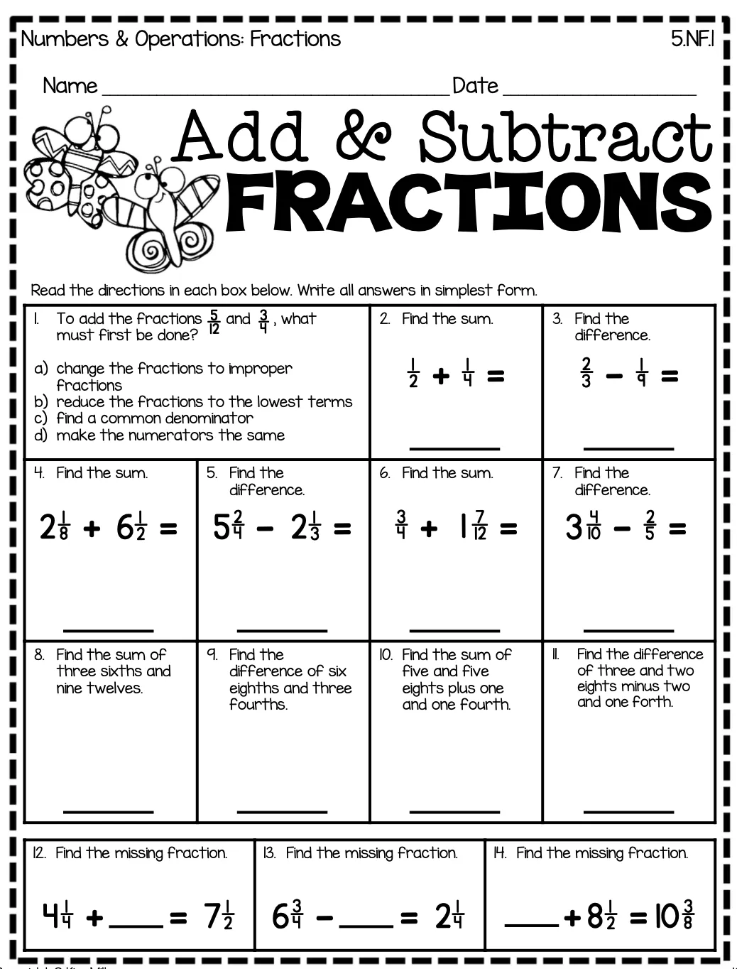 Worksheet featuring fraction addition, subtraction, and inequalities for fifth graders