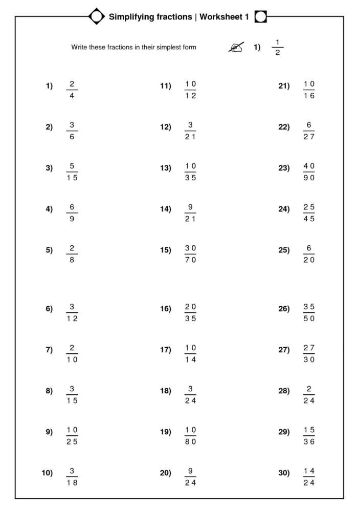 Fifth grade math worksheet focused on reviewing, simplifying, and adding fractions with like denominators