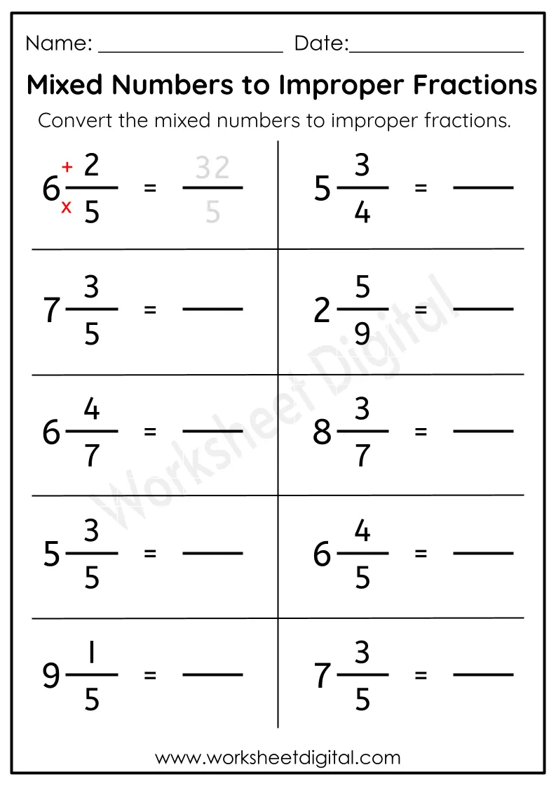 Fifth grade students solving mixed and improper fractions practice problems on a colorful worksheet