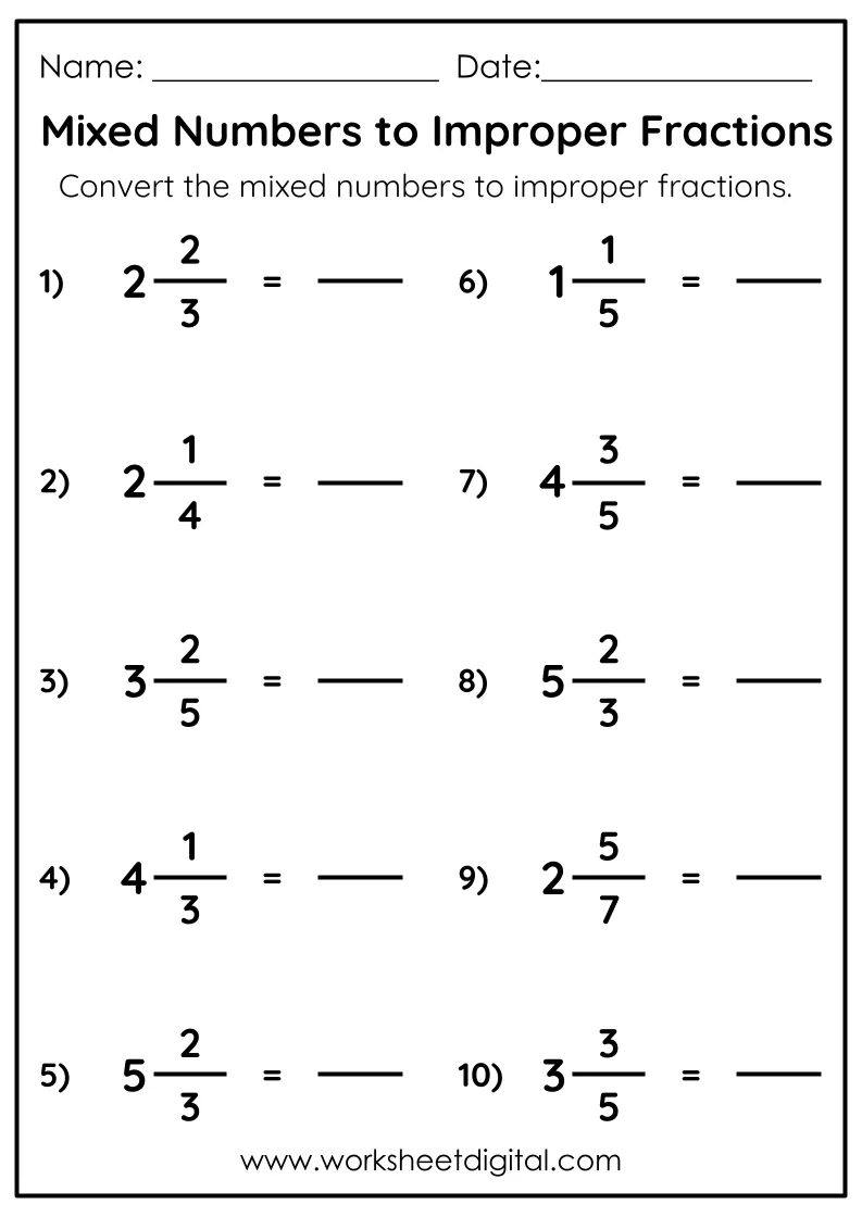 Fifth grade student working through mixed and improper fractions practice problems on a colorful math worksheet