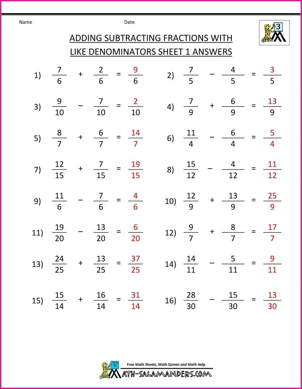 Fifth grade math worksheet showing step-by-step examples of subtracting fractions that have different denominators with visual fraction models