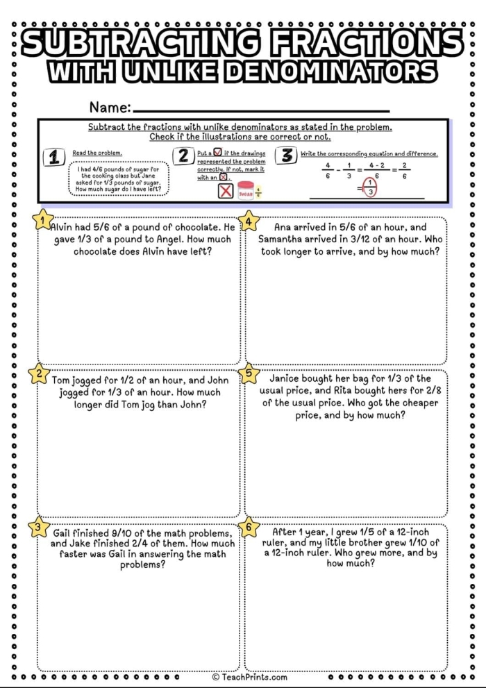 Subtracting fractions with unlike denominators worksheet for fifth grade math practice Fifth grade student completing a math worksheet on subtracting fractions with unlike denominators