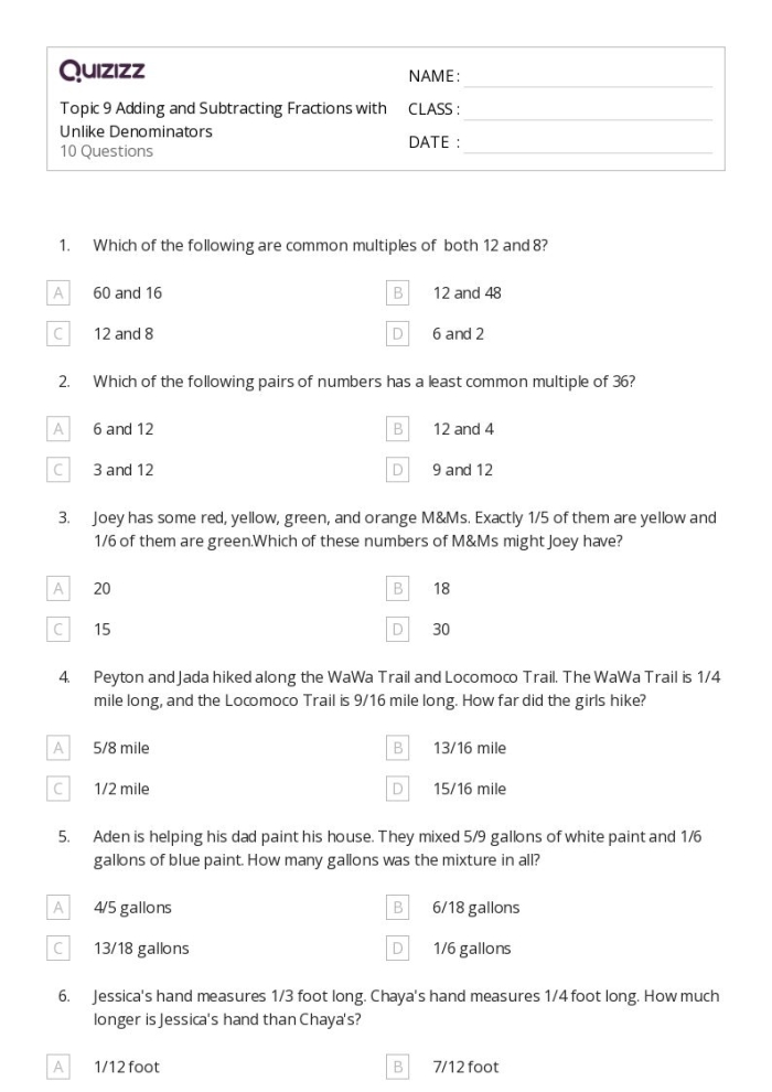 Subtracting Fractions With Unlike Denominators Worksheet 12 Fifth grade student completing a math worksheet on subtracting fractions with unlike denominators