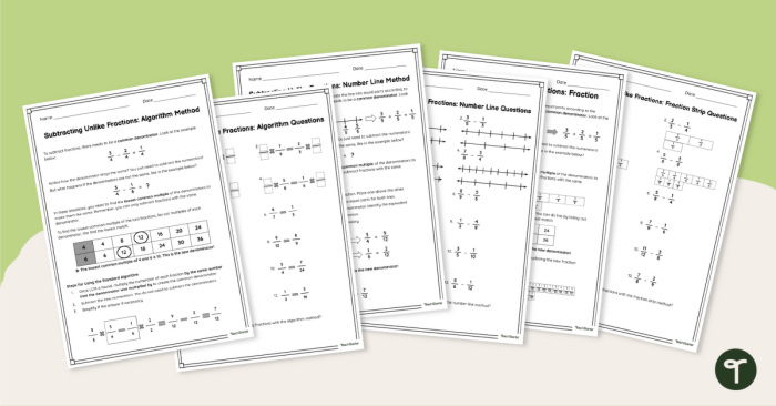 Subtracting Unlike Fractions Practice Sheet for Elementary Students Fifth grade math worksheet showing step-by-step examples of subtracting fractions that have different denominators with visual fraction models