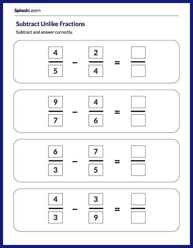 Simple subtraction fractions unlike denominators practice exercise for elementary students Fifth grade math worksheet showing step-by-step examples for subtracting fractions that have different bottom numbers