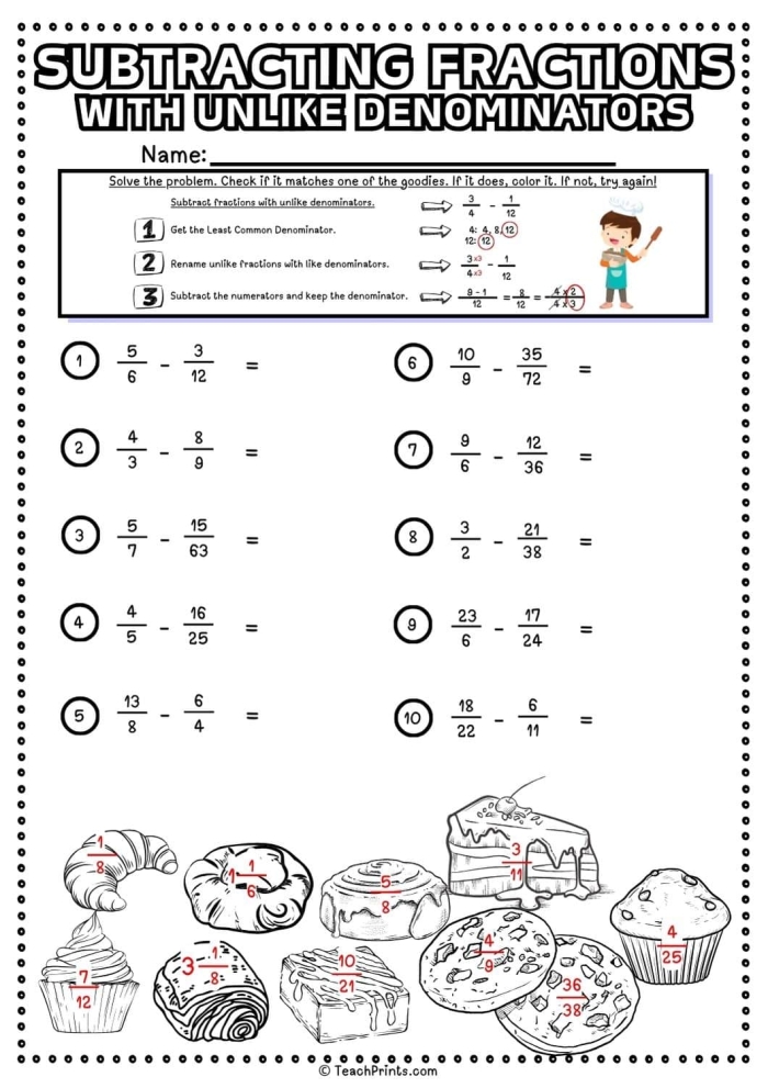 Fifth grade math worksheet featuring step by step problems for subtracting fractions with unlike denominators