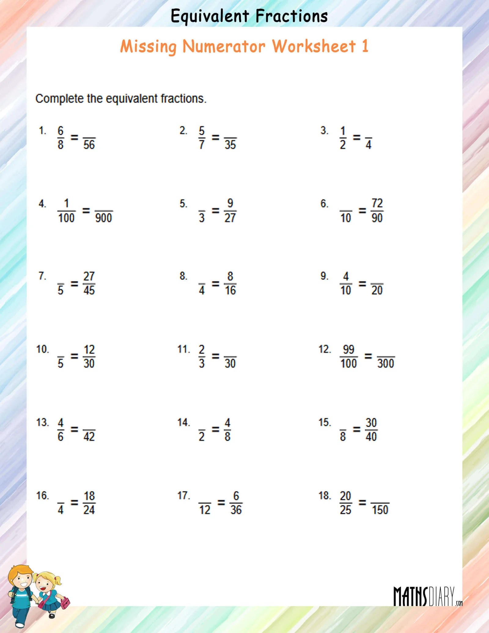 Algebra worksheet for Fifth Grade Worksheet for finding missing numerators or denominators in fraction multiplication problems for fifth graders. Educational resource image for the Find the Missing Numerator or Denominator worksheet.