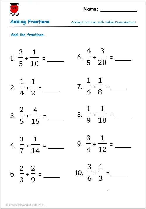 Fifth grade math worksheet for practicing adding fractions with unlike denominators