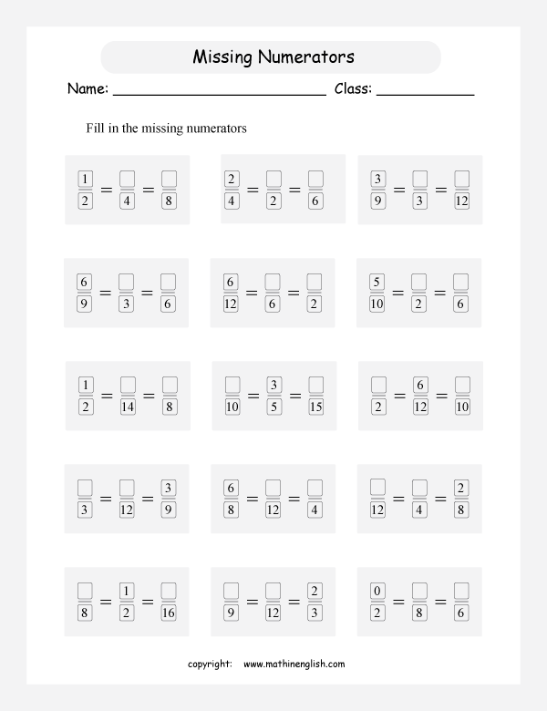 Fifth Grade Algebra: Find the Missing Numerator or Denominator Worksheet Image 10 Worksheet for finding missing numerators and denominators in fraction multiplication problems