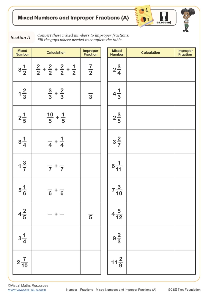 Fifth grade student working on a Practice Mixed & Improper Fractions 2 worksheet for geometry class