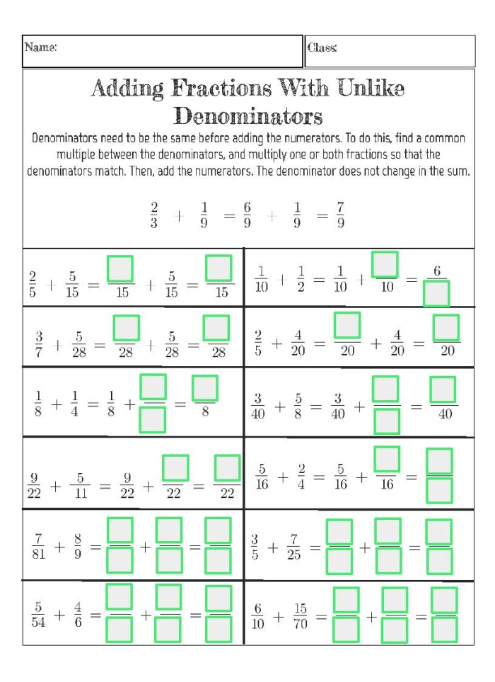 Worksheet for practicing addition of fractions with different denominators for fifth graders