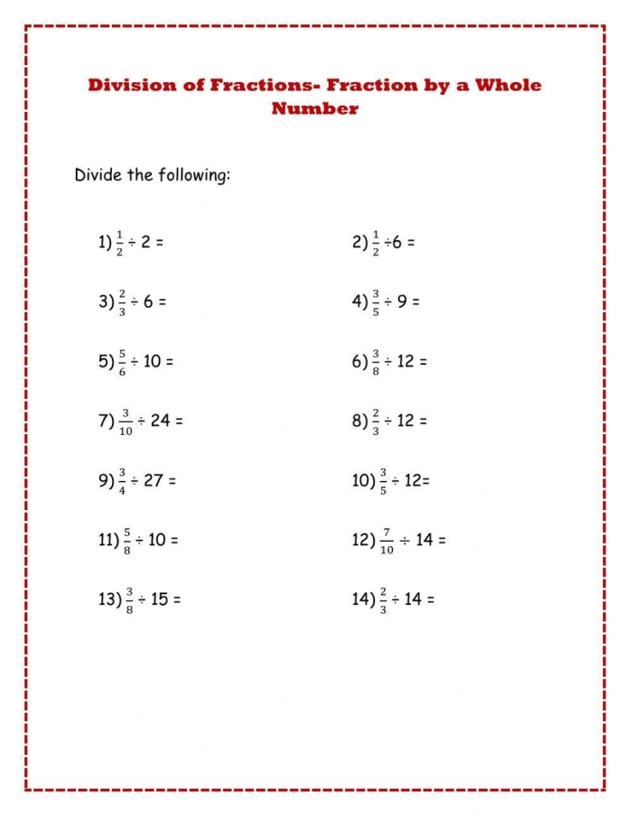 Dividing Fractions by Whole Numbers Worksheet for Grade 5 Worksheet for fifth graders practicing dividing fractions by whole numbers