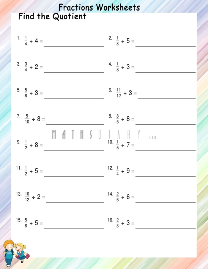 Engaging practice sheet for mastering fraction division skills Worksheet for dividing fractions by whole numbers for fifth graders
