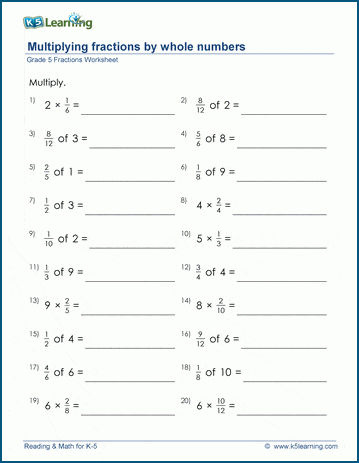 Worksheet featuring multiplication of fractions for fifth graders