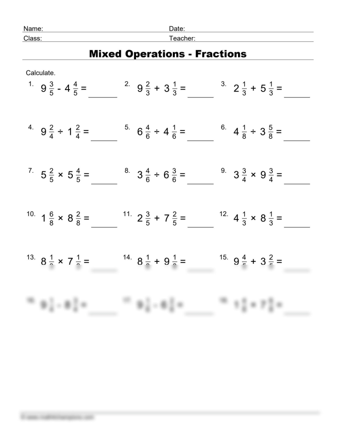 Order of Operations with Fractions Worksheet for Fifth Grade Math Practice 3 Fifth grade math worksheet featuring complex expressions with fractions and order of operations practice