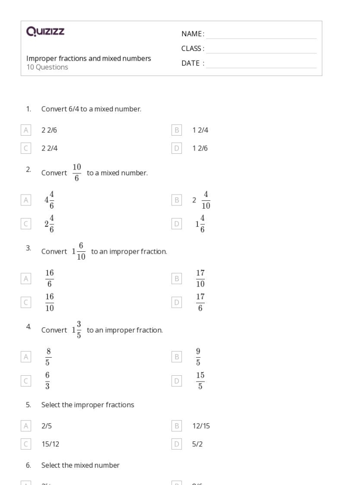 Colorful fifth grade worksheet for practicing mixed and improper fractions