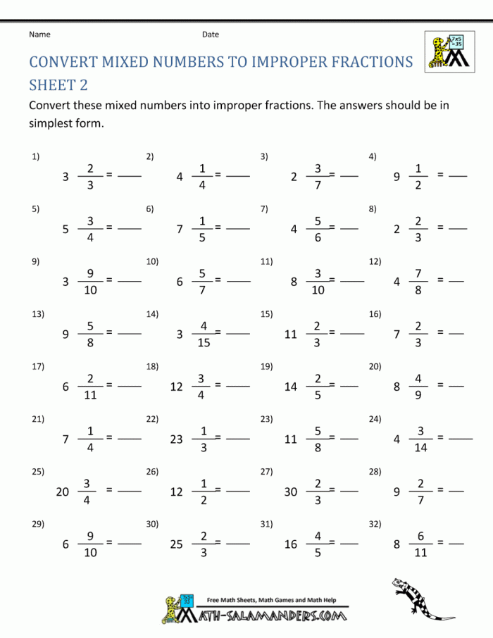 Fifth grade math worksheet featuring colorful problems for identifying mixed and improper fractions