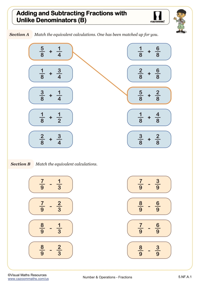 Worksheet for practicing adding and subtracting fractions with different denominators for fifth graders