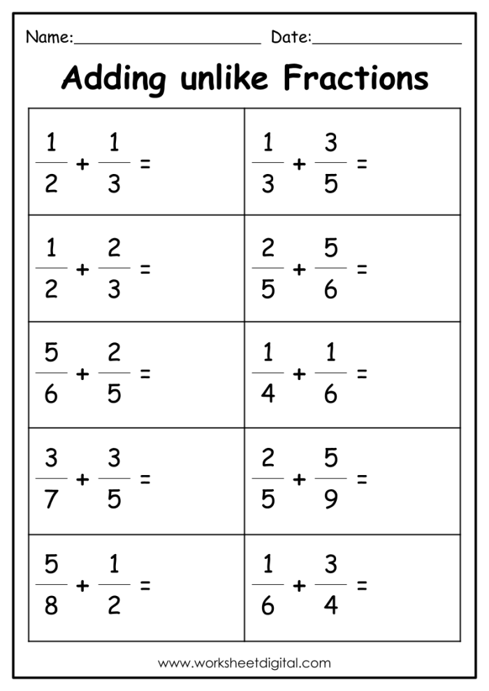 Worksheet for practicing addition and subtraction of fractions with different denominators for fifth graders