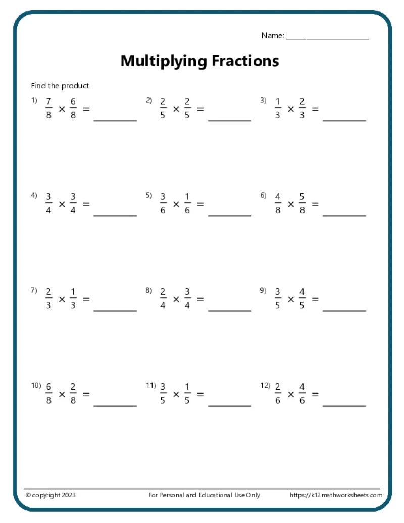 Clear worksheet for fifth graders to practice multiplying fractions by fractions