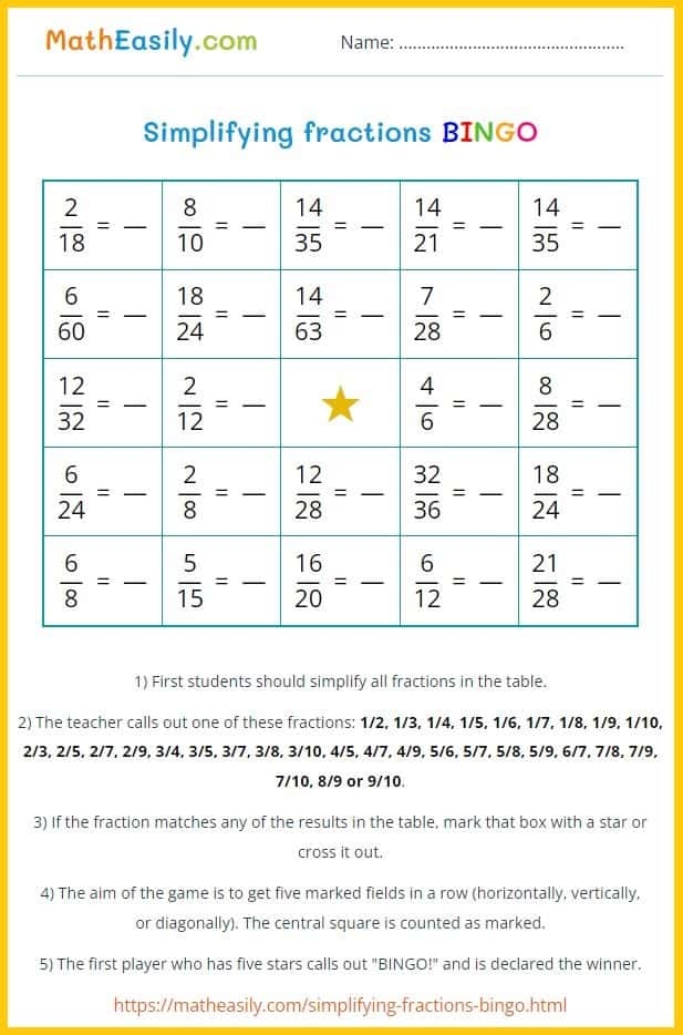 Worksheet for practicing fractions and simplifying them for fifth graders