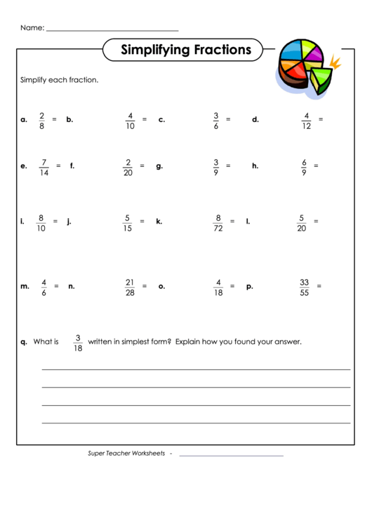 Worksheet for reviewing fractions and simplifying them, designed for fifth graders