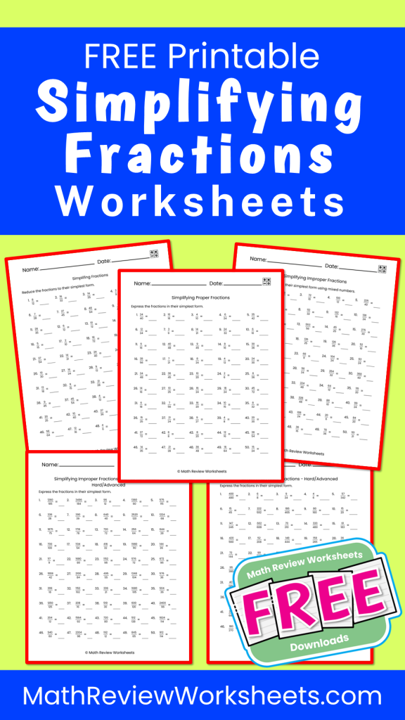 Fifth grade math worksheet for reviewing fraction operations and simplifying improper fractions